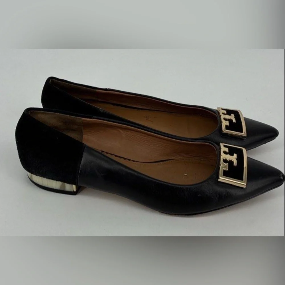 TORY BURCH Suede-trimmed Embellished Leather Point-toe Flats In Perfect Black 7